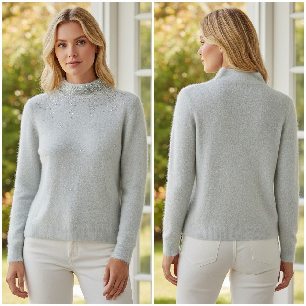 Juicy Couture White Crystal Rhinestone Mock Neck Fuzzy Knit Sweater Y2K Coquette